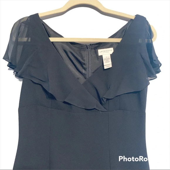 Liz Claiborne Black Sheer Ruffle V-Neckline Dress Size 6 - Picture 3 of 8